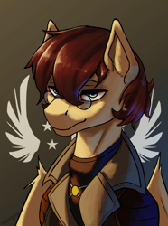 Size: 3120x4200 | Tagged: safe, artist:neither, artist:neitherman83, imported from derpibooru, oc, oc:rukh, pegasus, fallout equestria, bust, clothes, commission, enclave, grand pegasus enclave, male, military uniform, portrait, stallion, uniform