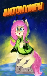 Size: 1263x2048 | Tagged: safe, artist:dummyhorse, artist:phutashi, imported from derpibooru, fluttershy, pony, antonymph, bipedal, clothes, female, fluttgirshy, gir, hoodie, invader zim, keyboard, mare, open mouth, open smile, raised hoof, smiling, solo, speedpaint available, standing, surfing, three quarter view, title drop, vylet pony