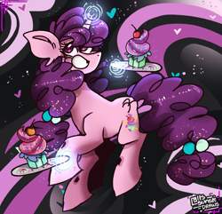 Size: 2800x2700 | Tagged: safe, artist:its_sunsetdraws, imported from derpibooru, sugar belle, pony, unicorn, cheek fluff, cupcake, cutie mark, digital art, fanart, food, glowing, glowing horn, high res, horn, looking at you, magic, my little pony, poofy mane, simple background, smiling, smiling at you, solo, sprinkles, sprinkles in mane, telekinesis