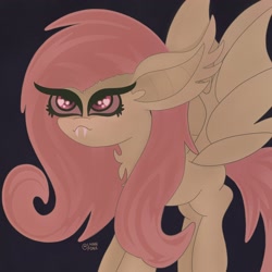 Size: 2048x2048 | Tagged: safe, artist:lynnpone, imported from derpibooru, fluttershy, bat pony, pony, bat ponified, bat wings, fangs, female, flutterbat, heart eyes, high res, race swap, solo, wingding eyes, wings