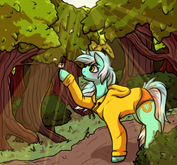 Size: 1740x1620 | Tagged: safe, artist:sexygoatgod, imported from derpibooru, lyra heartstrings, pony, unicorn, clothes, crepuscular rays, forest, hoodie, road, solo