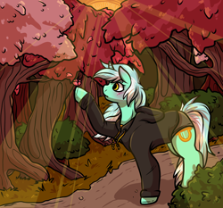 Size: 1740x1620 | Tagged: safe, alternate version, artist:sexygoatgod, imported from derpibooru, lyra heartstrings, pony, unicorn, clothes, crepuscular rays, dig the swell hoodie, forest, hoodie, road, solo