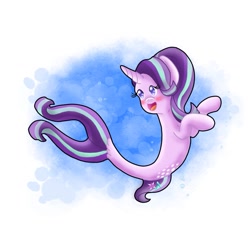 Size: 1483x1497 | Tagged: safe, artist:marybel18110847, imported from derpibooru, starlight glimmer, pony, seapony (g4), unicorn, blue eyes, blushing, bubble, dorsal fin, female, fish tail, flowing tail, horn, mermay, ocean, open mouth, open smile, purple mane, redraw, seaponified, seapony starlight glimmer, simple background, smiling, solo, species swap, swimming, tail, underwater, water