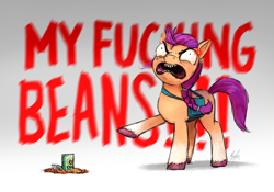 Size: 1532x1074 | Tagged: safe, artist:magfen, imported from derpibooru, sunny starscout, earth pony, pony, angry, bag, beans, can, cross-popping veins, female, food, g5, izzy's beans, life is strange, mare, markings, my little pony: a new generation, out of character, simple background, solo, that pony sure does love beans, unshorn fetlocks, vulgar, white background, yelling