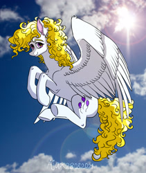 Size: 2700x3200 | Tagged: safe, artist:ajax, artist:ajaxorsomething, artist:willdrawhere, imported from derpibooru, surprise, pegasus, pony, cloud, flying, g1, high res, looking at you, smiling, solo, spread wings, sunlight, sunny, sunshine, surprise g1, wings