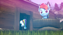 Size: 1920x1080 | Tagged: safe, artist:bronydj, imported from derpibooru, rainbow dash, bat pony, pegasus, pony, 3d, bat ponified, butt, female, looking at you, mare, now you're thinking with portals, plot, portal, race swap, rainbowbat, rainbutt dash, smiling, source filmmaker, tire
