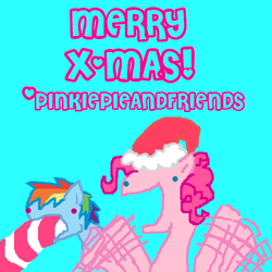 Size: 500x500 | Tagged: safe, artist:askpinkiepieandfriends, imported from derpibooru, pinkie pie, rainbow dash, earth pony, pegasus, pony, blue eyes, christmas, duo, female, flailing, hat, holiday, mare, merry christmas, santa hat, vomit, vomiting, waving arms