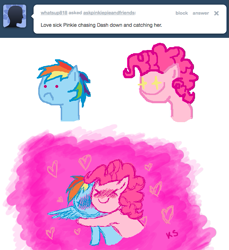 Size: 641x700 | Tagged: safe, artist:askpinkiepieandfriends, imported from derpibooru, pinkie pie, rainbow dash, earth pony, pegasus, pony, :c, ask, asphyxiation, blushing, blushing profusely, bone-crushing snuggles, female, frown, glowing eyes, hug, hug on the neck, lesbian, mare, pinkiedash, shipping, tumblr, x eyes, xd