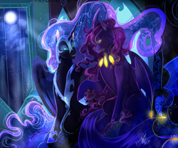 Size: 2100x1750 | Tagged: safe, artist:bunnari, imported from derpibooru, nightmare moon, oc, alicorn, pony, bat wings, blue eyes, blue mane, blue tail, cloud, commission, ethereal mane, eyelashes, fangs, female, flowing mane, flowing tail, glow, glowing, helmet, hoof shoes, horn, looking at each other, moon, moonlight, night, purple mane, signature, smiling, starry mane, stars, teeth, throne, throne room, wings, yellow eyes