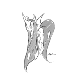 Size: 600x600 | Tagged: safe, artist:srmario, imported from derpibooru, oc, oc only, oc:ambrosia, changeling, changeling queen, pony, changeling queen oc, female, grayscale, monochrome, signature, simple background, solo, white background