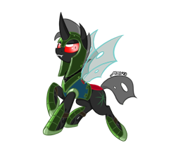 Size: 881x800 | Tagged: safe, artist:srmario, imported from derpibooru, oc, oc only, oc:reinflak, changeling, armor, changeling oc, helmet, male, raised hoof, red changeling, red eyes, signature, simple background, solo, transparent background