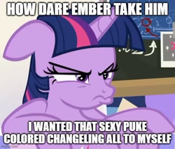 Size: 582x499 | Tagged: safe, edit, edited screencap, imported from derpibooru, screencap, twilight sparkle, alicorn, pony, sparkle's seven, angry, caption, chalkboard, cropped, cute, female, floppy ears, friendship throne, grumpy, grumpy twilight, implied ember, implied embrax, implied thorax, jealous, madorable, mare, pouting, sitting, slouching, solo, text, this will end in pain, this will end in tears, this will end in war, throne, twiabetes, twilight sparkle (alicorn)