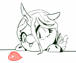 Size: 3000x2500 | Tagged: safe, artist:naafreelanceartist, imported from derpibooru, queen chrysalis, changeling, changeling queen, changeling feeding, chibi, cute, cutealis, eyes on the prize, female, heart, high res, monochrome, solo, tongue out