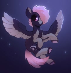 Size: 1502x1550 | Tagged: safe, artist:draw3, artist:draw__3, imported from derpibooru, oc, oc only, pegasus, pony, chest fluff, cloud, coat markings, flying, night, smiling, socks (coat markings), solo, spread wings, underhoof, wings