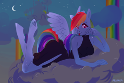 Size: 1200x800 | Tagged: safe, artist:arumaa, imported from derpibooru, rainbow dash, anthro, pegasus, unguligrade anthro, :p, black dress, breasts, busty rainbow dash, clothes, cloud, dress, female, frog (hoof), looking at you, lying down, lying on a cloud, night, on a cloud, prone, raspberry, signature, smiling, solo, spread wings, tongue out, underhoof, wings