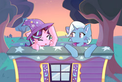 Size: 1280x854 | Tagged: safe, artist:clairedaartiste444, artist:tater, imported from derpibooru, starlight glimmer, trixie, pony, unicorn, accessory swap, cheek fluff, clothes, cute, diatrixes, duo, duo female, female, glimmerbetes, hat, looking at each other, mare, one eye closed, smiling, sunset, tree, trixie's hat, trixie's wagon