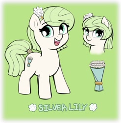 Size: 2264x2292 | Tagged: safe, artist:heretichesh, imported from derpibooru, oc, oc only, oc:silverlily, earth pony, pony, cute, eye clipping through hair, female, filly, flower, flower in hair, green background, high res, looking at you, ocbetes, open mouth, open smile, simple background, smiling, solo