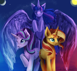 Size: 3900x3600 | Tagged: safe, artist:endergurl511, imported from derpibooru, starlight glimmer, sunset shimmer, twilight sparkle, alicorn, unicorn, equestria girls, eyes closed, female, high res, magical trio, mare, moon, signature, sky, spread wings, sun, twilight sparkle (alicorn), wings