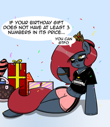 Size: 1094x1259 | Tagged: safe, artist:n-o-n, imported from derpibooru, oc, oc only, oc:jessi-ka, semi-anthro, animated, birthday, clothes, crown, frown, gif, jewelry, open mouth, regalia, rich, rude, sitting, solo, speech bubble, spoiled, talking, tiara