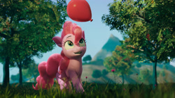 Size: 3840x2160 | Tagged: safe, artist:skytails, imported from derpibooru, pinkie pie, earth pony, pony, 3d, balloon, blender, grass, high res, model:djthed, mountain, open mouth, scenery, solo, tree