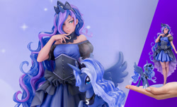 Size: 990x600 | Tagged: safe, imported from derpibooru, kotobukiya, princess luna, alicorn, human, pony, equestria girls, blue background, clothes, dark skin, dress, female, holding, human coloration, human ponidox, humanized, kotobukiya princess luna, official, self ponidox, simple background