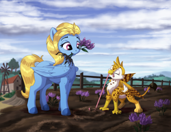 Size: 2400x1848 | Tagged: safe, artist:sirzi, imported from derpibooru, oc, oc only, oc:beaky, oc:brave blossom, earthworm, griffon, pegasus, pony, worm, fanfic:yellow feathers, behaving like a bird, chickub, cloud, cloudy, duo, farm, female, flower, garden, gardener, griffon oc, griffons doing bird things, high res, male, mother and child, mother and son, pegasus oc, wings