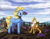 Size: 2400x1848 | Tagged: safe, artist:sirzi, imported from derpibooru, oc, oc only, oc:beaky, oc:brave blossom, earthworm, griffon, pegasus, pony, worm, fanfic:yellow feathers, behaving like a bird, chickub, cloud, cloudy, duo, farm, female, flower, garden, gardener, griffon oc, griffons doing bird things, high res, male, mother and child, mother and son, pegasus oc, wings