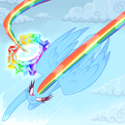 Size: 3000x3000 | Tagged: safe, artist:gingygin, imported from derpibooru, rainbow dash, pegasus, pony, female, flying, high res, mare, rainbow trail, solo, sonic rainboom, speed trail