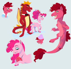 Size: 1280x1255 | Tagged: safe, artist:sandieflower, imported from derpibooru, garble, pinkie pie, oc, oc:crumble, dracony, dragon, earth pony, hybrid, pony, alternate hairstyle, crack ship offspring, crack shipping, dragon egg, female, interspecies offspring, male, offspring, parent:garble, parent:pinkie pie, shipping, simple background, straight, white background