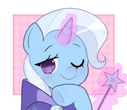 Size: 562x485 | Tagged: safe, artist:arwencuack, artist:franshushu, imported from derpibooru, trixie, pony, unicorn, blushing, cute, diatrixes, looking at you, magic wand, one eye closed, solo, wink