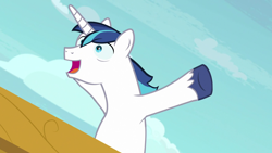 Size: 1280x720 | Tagged: safe, imported from derpibooru, screencap, shining armor, pony, unicorn, once upon a zeppelin, season 7, airship, cute, male, open mouth, shining adorable, solo, stallion, zeppelin