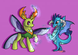 Size: 1280x906 | Tagged: safe, artist:coppergoblin, imported from derpibooru, princess ember, thorax, changedling, changeling, dragon, robot, dragoness, female, grin, king thorax, nanobots, open mouth, purple background, roboticization, simple background, smiling, transformation, transformation sequence