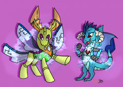 Size: 1280x906 | Tagged: safe, artist:coppergoblin, imported from derpibooru, princess ember, thorax, changedling, changeling, dragon, robot, dragoness, female, king thorax, nanobots, open mouth, purple background, roboticization, simple background, transformation, transformation sequence