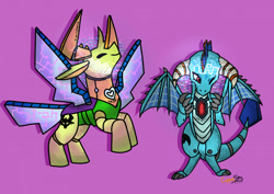 Size: 1280x906 | Tagged: safe, artist:coppergoblin, imported from derpibooru, princess ember, thorax, changedling, changeling, dragon, robot, dragoness, eyes closed, female, king thorax, nanobots, one eye closed, purple background, roboticization, simple background, smiling, transformation, transformation sequence