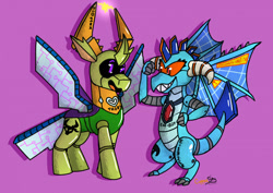 Size: 1280x906 | Tagged: safe, artist:coppergoblin, imported from derpibooru, princess ember, thorax, changedling, changeling, dragon, robot, dragoness, female, grin, king thorax, open mouth, open smile, purple background, roboticization, simple background, smiling, transformation, transformation sequence