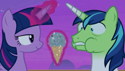 Size: 1280x720 | Tagged: safe, imported from derpibooru, screencap, shining armor, twilight sparkle, alicorn, pony, unicorn, once upon a zeppelin, season 7, airship, airsick armor, female, food, ice cream, ice cream cone, magic, male, mare, siblings, smiling, smug, smuglight sparkle, stallion, telekinesis, twilight sparkle (alicorn), zeppelin