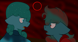 Size: 1999x1099 | Tagged: safe, artist:derpy_the_duck, imported from derpibooru, oc, oc:aurora, oc:dark aurora, earth pony, antagonist, cape, clothes, eclipse, looking at each other, multiverse, space, superhero, villian