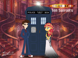 Size: 1280x960 | Tagged: safe, artist:edcom02, artist:tsundra, artist:vanossfan10, imported from derpibooru, doctor whooves, sunset shimmer, time turner, equestria girls, ballroom, black dress, clothes, converse, david tennant, doctor who, doctorset, dress, female, logo, male, shoes, tardis, tenth doctor, the doctor, title card