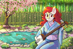 Size: 1280x854 | Tagged: safe, artist:littletigressda, imported from derpibooru, oc, oc only, anthro, kirin, fanfic:questionable ethics, bamboo, cherry blossoms, clothes, fence, flower, flower blossom, japan, japanese, kimono (clothing), lilypad, musical instrument, pond, shamisen, solo, tree