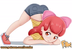 Size: 2480x1676 | Tagged: safe, artist:focusb, imported from derpibooru, apple bloom, human, adorabloom, child, clothes, cute, face down ass up, female, humanized, jack-o challenge, jacko challenge, looking at you, meme, patreon, shoes, shorts, simple background, smiling, solo, url, white background
