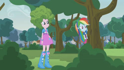 Size: 3410x1920 | Tagged: safe, imported from derpibooru, screencap, pinkie pie, rainbow dash, equestria girls, friendship games, pinkie spy (short), boots, clothes, cutie mark, cutie mark on clothes, female, high res, shoes, smiling