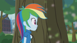 Size: 3410x1920 | Tagged: safe, imported from derpibooru, screencap, rainbow dash, equestria girls, friendship games, pinkie spy (short), clothes, cutie mark, cutie mark on clothes, female, high res, solo, tree