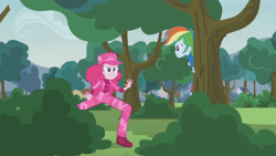 Size: 3410x1920 | Tagged: safe, imported from derpibooru, screencap, pinkie pie, rainbow dash, equestria girls, friendship games, pinkie spy (short), clothes, cutie mark, cutie mark on clothes, female, high res, smiling, tree