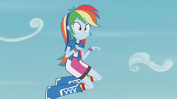 Size: 3410x1920 | Tagged: safe, imported from derpibooru, screencap, rainbow dash, equestria girls, friendship games, pinkie spy (short), boots, clothes, cute, cutie mark, cutie mark on clothes, dashabetes, female, high res, shoes, sky, solo