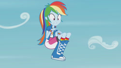 Size: 3410x1920 | Tagged: safe, imported from derpibooru, screencap, rainbow dash, equestria girls, friendship games, pinkie spy (short), boots, clothes, cutie mark, cutie mark on clothes, female, high res, shoes, sky, solo