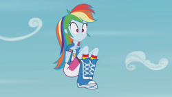 Size: 3410x1920 | Tagged: safe, imported from derpibooru, screencap, rainbow dash, equestria girls, friendship games, pinkie spy (short), blue skin, boots, clothes, cutie mark, cutie mark on clothes, female, floating, high res, knee high socks, multicolored hair, oh crap face, pink eyes, rainbow hair, shirt, shoes, shrunken pupils, skirt, sky, socks, solo, uh oh, wide eyes, wristband