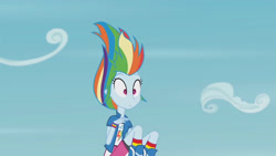 Size: 3410x1920 | Tagged: safe, imported from derpibooru, screencap, rainbow dash, equestria girls, friendship games, pinkie spy (short), :|, bike shorts, blue skin, boots, clothes, cutie mark, cutie mark on clothes, falling, female, high res, knee high socks, multicolored hair, oh crap face, pink eyes, plummet, rainbow hair, shirt, shoes, short-sleeved jacket, shrunken pupils, skirt, sky, socks, solo, uh oh, wide eyes, windswept hair, wristband