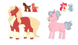 Size: 1280x745 | Tagged: safe, artist:vintage-rec, imported from derpibooru, apple bloom, big macintosh, silver spoon, trouble shoes, oc, earth pony, pony, applespoon, chest fluff, coat markings, female, filly, gay, lesbian, magical gay spawn, magical lesbian spawn, male, offspring, parent:apple bloom, parent:big macintosh, parent:silver spoon, parent:trouble shoes, parents:applespoon, parents:troublemac, shipping, simple background, socks (coat markings), stallion, troublemac, unshorn fetlocks, white background