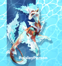 Size: 1280x1347 | Tagged: safe, artist:paisleyperson, imported from derpibooru, oc, oc only, fish, hybrid, koi, merpony, pony, seapony (g4), unicorn, adoptable, blue background, blue mane, dorsal fin, fins, fish tail, flowing mane, flowing tail, fusion, horn, koi pony, mane of fire, red eyes, seaponified, simple background, solo, species swap, tail, underwater, water, watermark