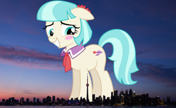 Size: 2376x1458 | Tagged: safe, artist:dashiesparkle, artist:thegiantponyfan, imported from derpibooru, coco pommel, earth pony, pony, blushing, canada, cn tower, female, floppy ears, giant pony, giant/macro earth pony, giant/mega coco pommel, giantess, highrise ponies, irl, macro, mare, mega giant, photo, ponies in real life, smiling, toronto, vector